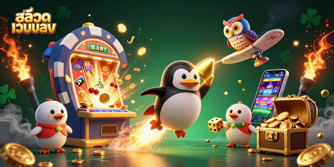Experience thrilling wins at สล็อตเว็บตรง with a vibrant 3D casino scene featuring golden penguins, slot machines, and treasure.