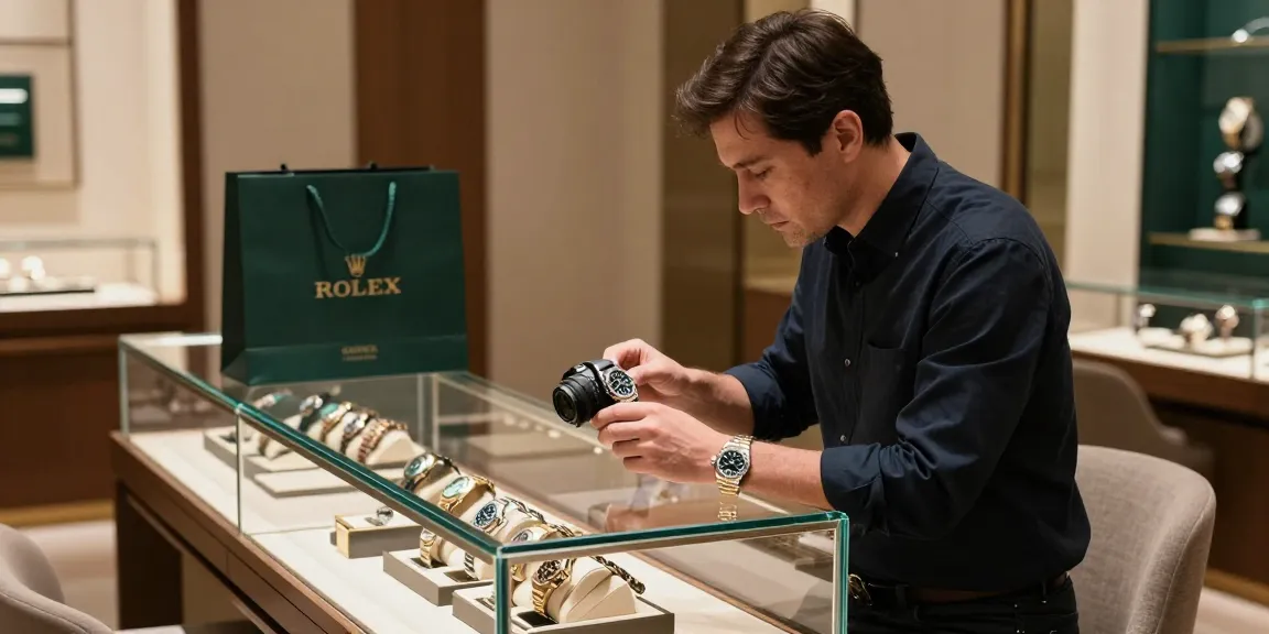 Showcasing a luxury watch enthusiast exploring high-quality rolex replicas in an elegant boutique setting.