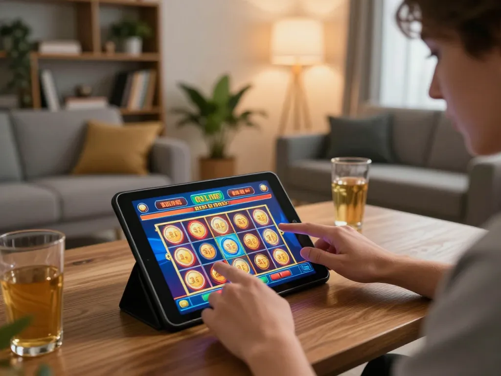 Player engaging in online casino gaming on SC88 tablet with colorful slots interface