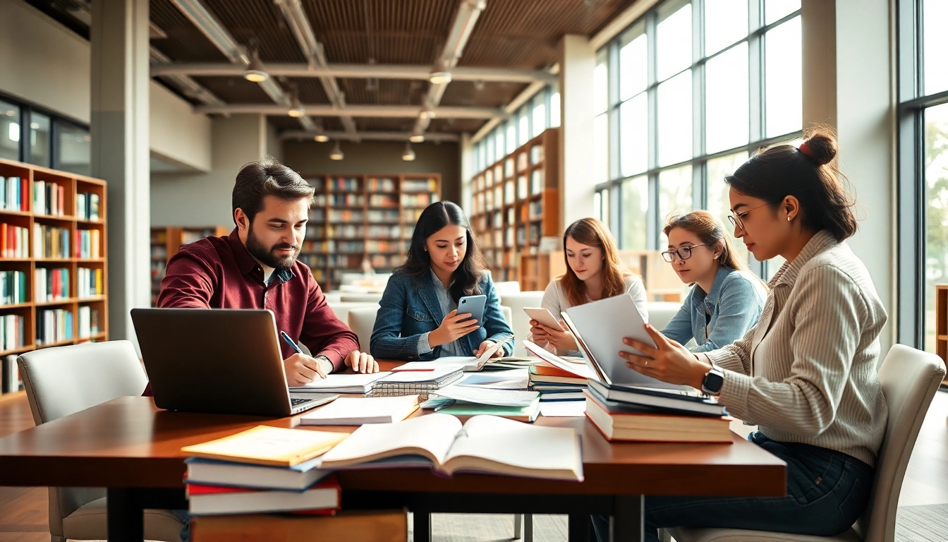 Focused group of TOEFL test takers for hire collaborating in a modern study space.