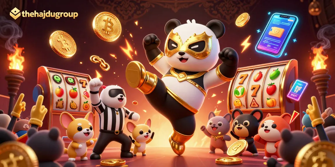 Thehajdugroup showcases a lively scene of a panda wrestler amidst slot games and crypto elements, enhancing gaming excitement.