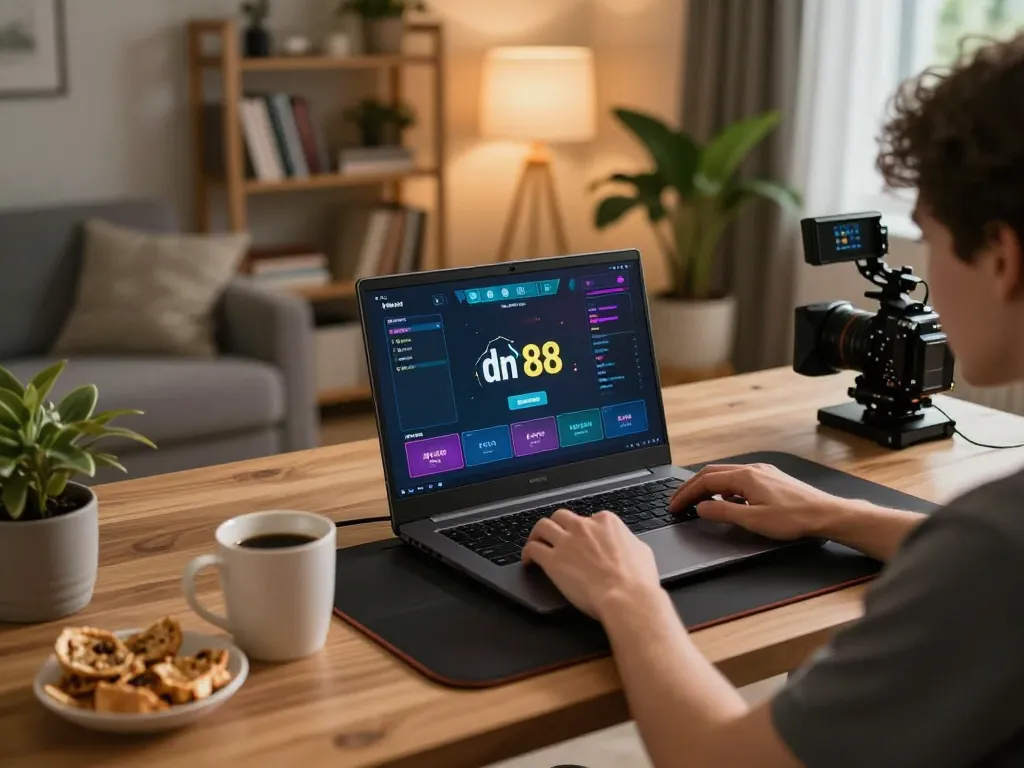 Engaging in online gambling at home through dn 88 interface on laptop with cozy setup.