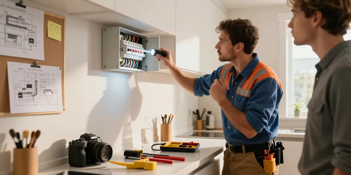Emergency electrician assessing a circuit breaker panel with tools in a well-lit kitchen.