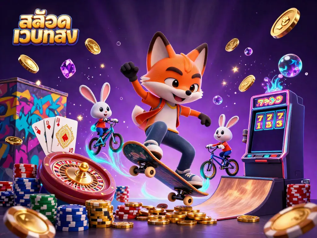 Engage with สล็อตเว็บตรง as a skateboarder fox and BMX rabbit soar over golden casino chips in a vibrant 3D scene.