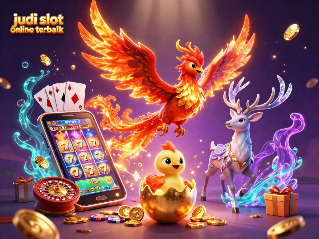 Menangkan judi slot online terbaik dengan ilustrasi 3D phoenix berapi, smartphone, dan permainan kasino