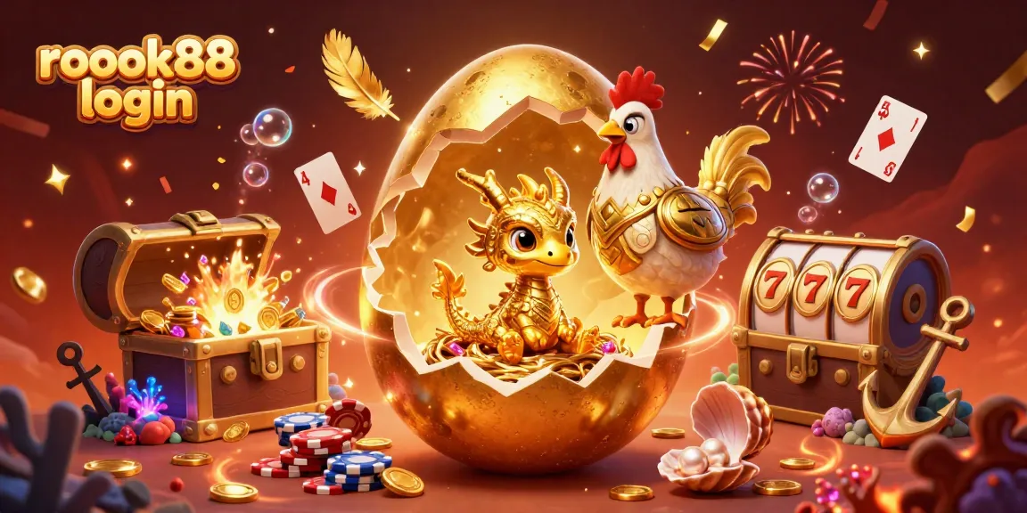Engage with the rokok88 login scene featuring a golden egg, dragon, and slot reels amidst swirling confetti.