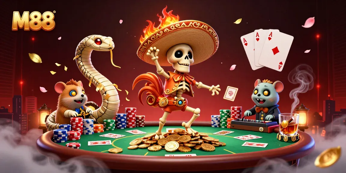 M88 offers thrilling gaming with a vibrant cartoon scene showcasing a victory dance amidst poker and coins.