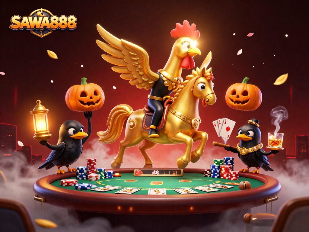 Experience SAWA888 in an ultra-detailed 3D casino illustration with golden rooster and poker elements.