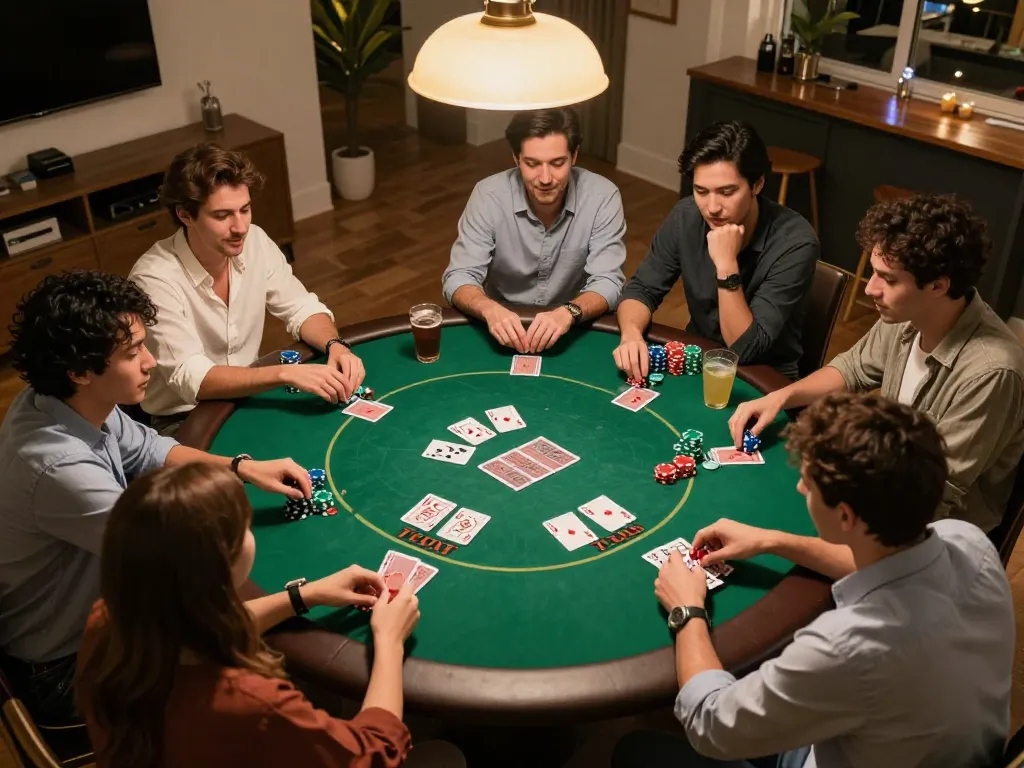 Players enjoy an engaging poker night at home, showcasing the strategic gameplay and social experience of 92slot.