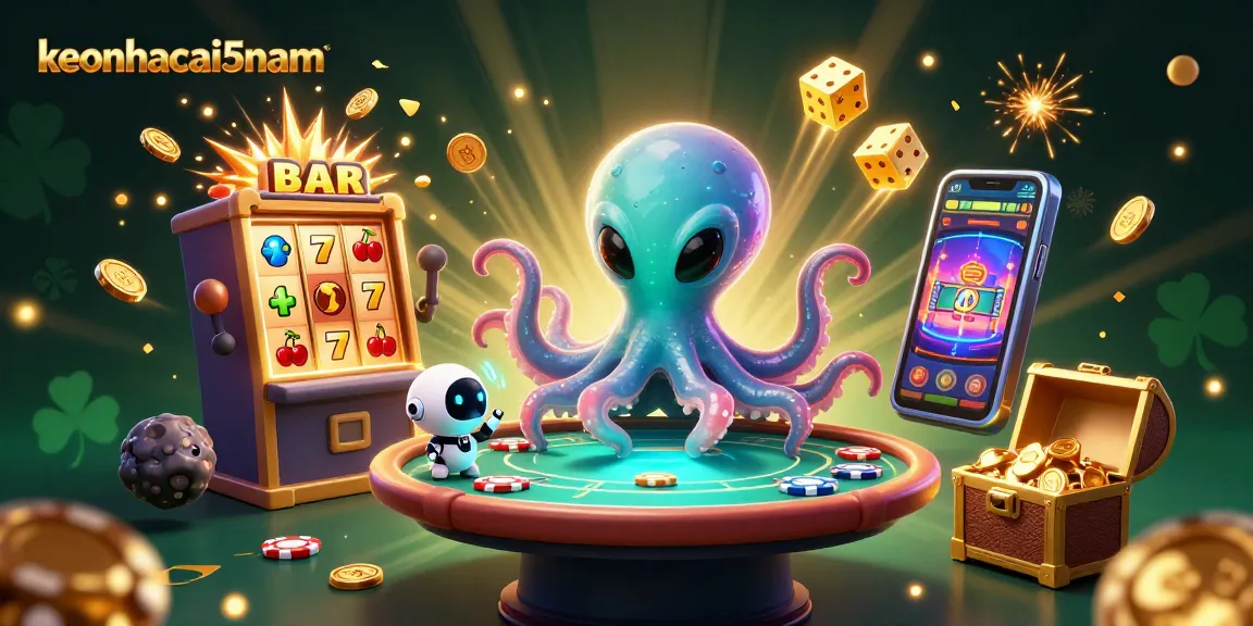 Engage with keonhacai5nam as an alien octopus operates a poker table amidst dynamic casino elements.
