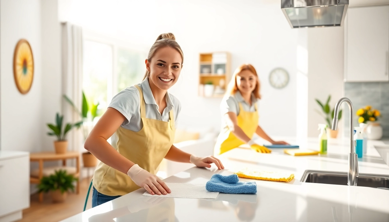 Cleaning Service team actively cleaning a modern kitchen in a bright home setting, showcasing professionalism.