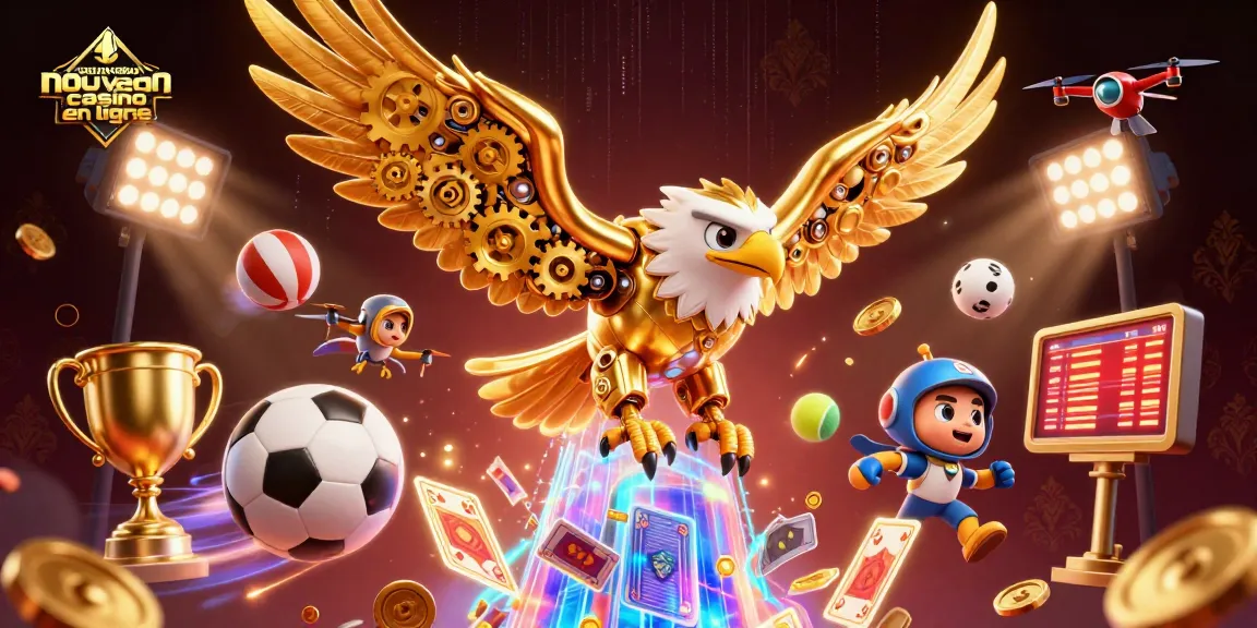 Visualisez le nouveau casino en ligne avec un aigle cybernétique plongeant à travers des cartes et des éléments de jeu.