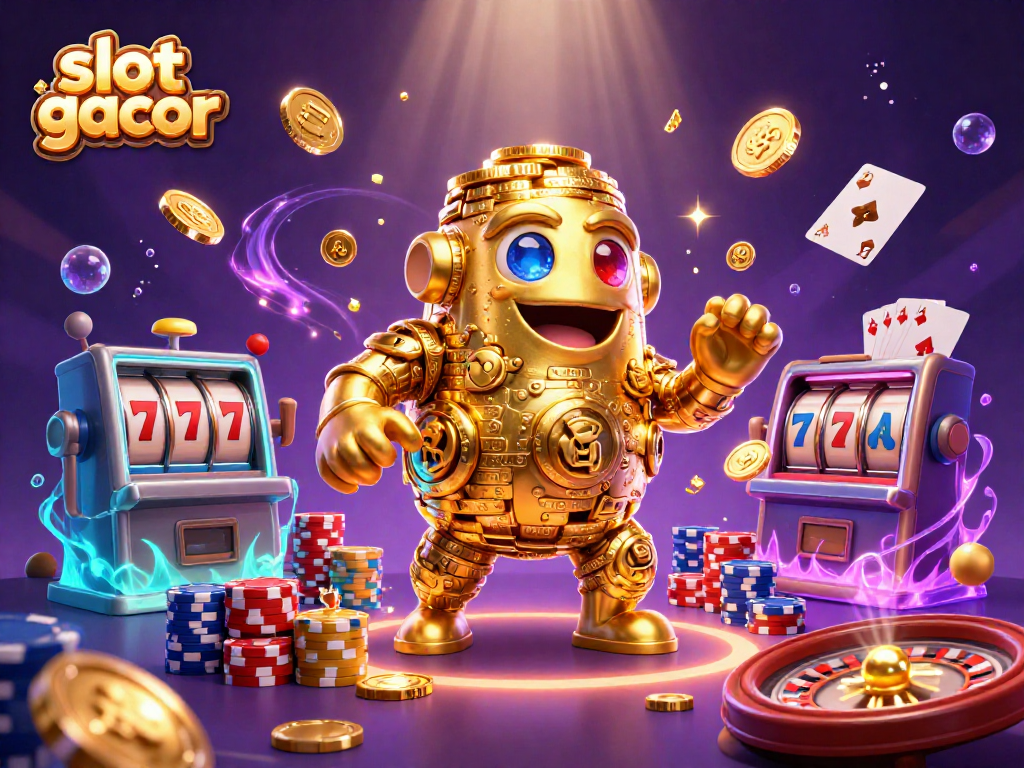 Experience the excitement of slot gacor with golden golems and cascading coins in a vibrant casino scene.