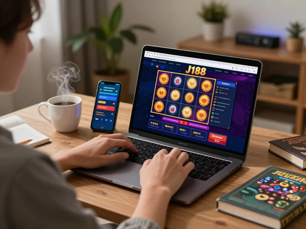 Experience immersive J188 gaming with a player excitedly engaging with the online casino interface.