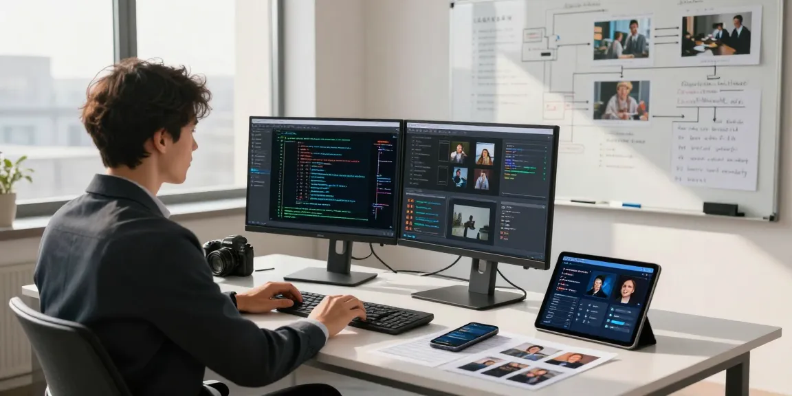 AI image detector analyst using dual monitors for image analysis in a modern workspace.