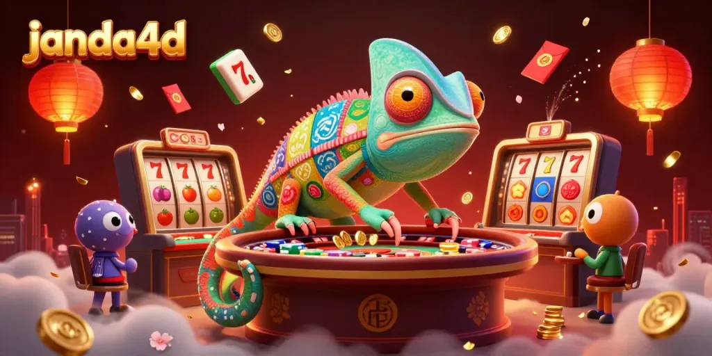 janda4d menyajikan pengalaman slot yang menarik dengan chameleon kasino menangguk koin emas dalam ilustrasi ceria