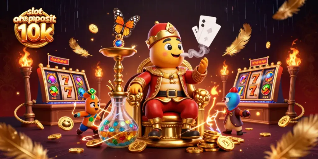 Slot deposit 10k dengan karakter unik dan elemen permainan terbentang dalam ilustrasi 3D yang kaya detail.