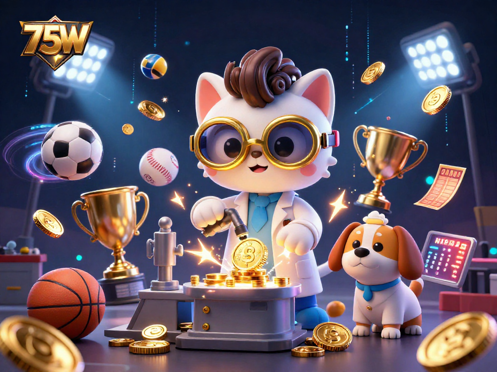 75W oferece uma ilustração 3D vibrante de um gato cientista e seu assistente canino no mundo das apostas esportivas.