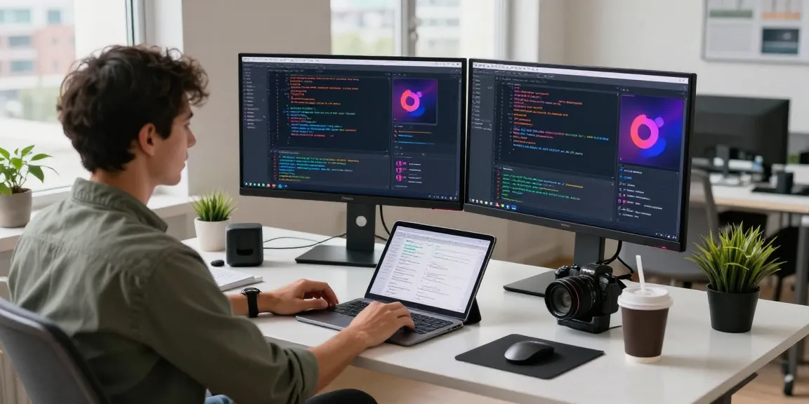 Developer coding in a modern workspace, featuring tools and natural light while focusing on telegram中文版下载.