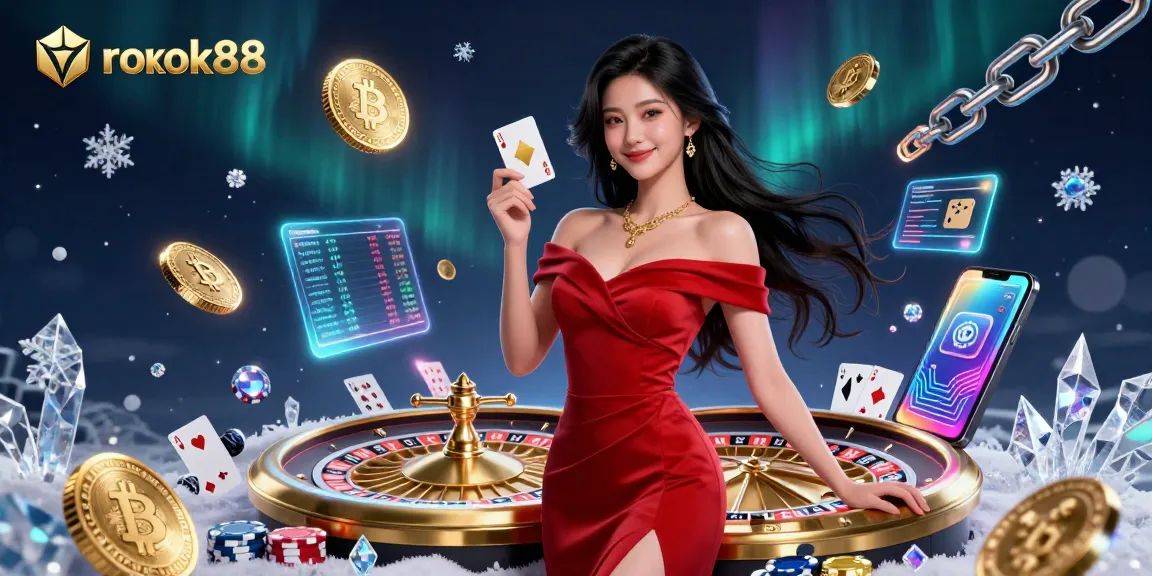 Experience the excitement of gaming at rokok88 with stunning visuals of casino elements like cards and chips.