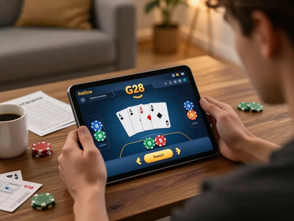 G28 online poker game in cozy home setting with player engaged and betting strategy visible.