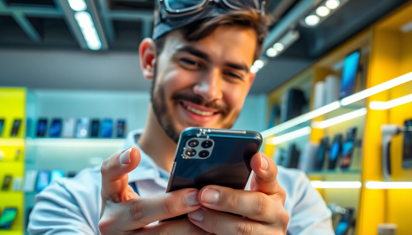 Engaging professional setting of a broken phone buyer examining a damaged smartphone.
