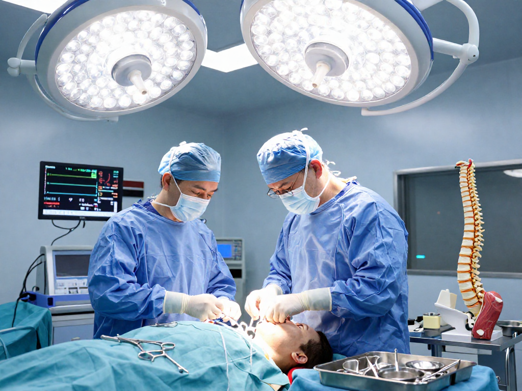 Bel kayması ameliyatı procedure in a modern operating room showcasing skilled surgical techniques and teamwork.