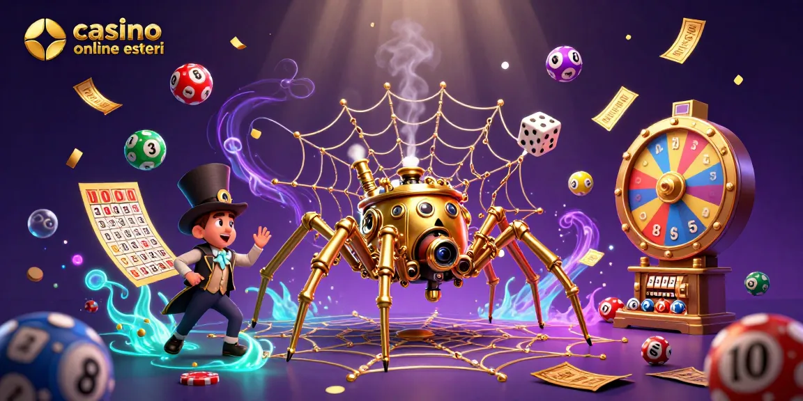 I casinò online esteri offrono un'esperienza di gioco unica tra cui una scena vivace con una ragnatela d'oro e palle della lotteria colorate.