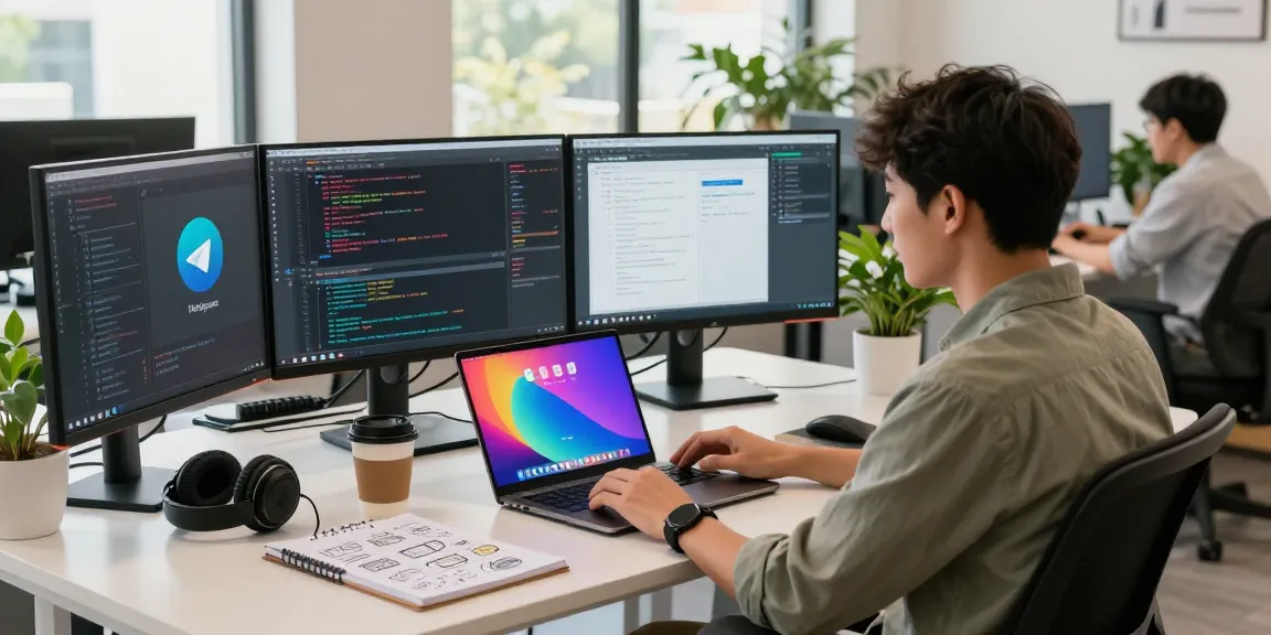 Engaging workspace for telegram中文版下载 development with dual monitors and vibrant atmosphere.