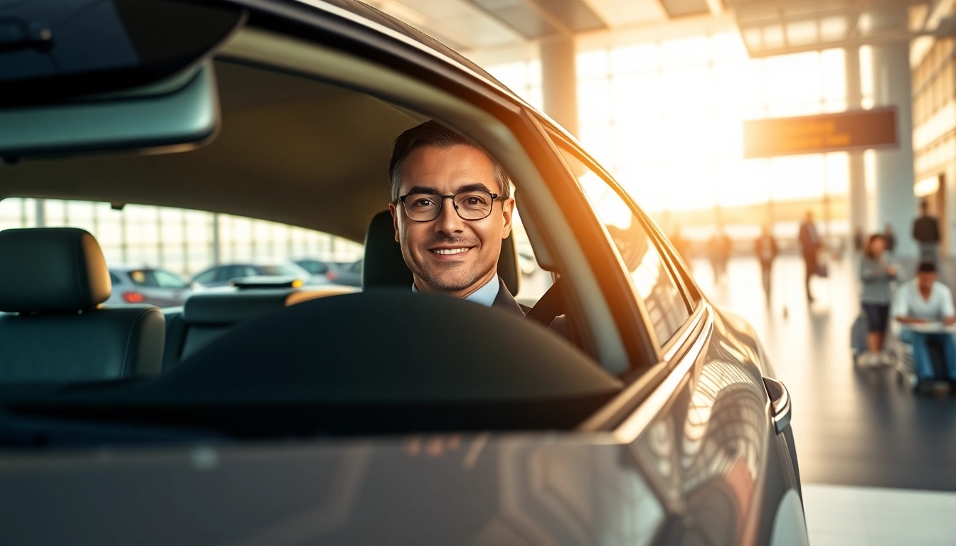 Experience seamless Private Airport Transfers with a professional chauffeur in a luxury sedan at the airport.