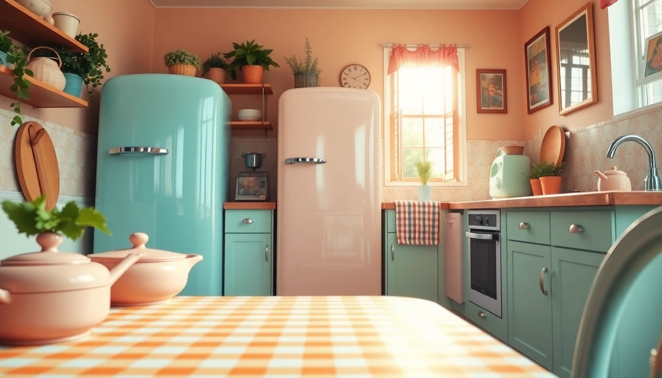 A stunning retro appliance acts as the centerpiece in a cheerful, vintage-inspired kitchen.