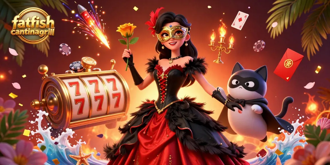 Experience dynamic gaming at fatfishcantinagrill with spinning slot reels and vibrant casino elements.