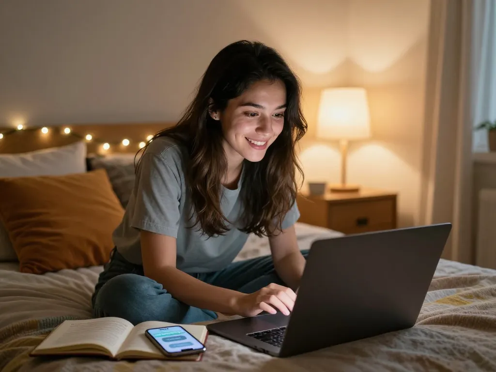 Engaging in a playful porn ai chat in a cozy bedroom setting, showcasing the comfort of virtual connections.
