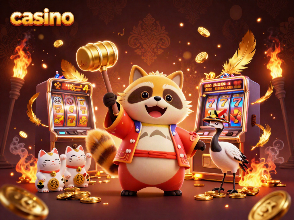 Engage in lively casino action with joyful tanuki and lucky symbols, showcasing vibrant gaming elements.