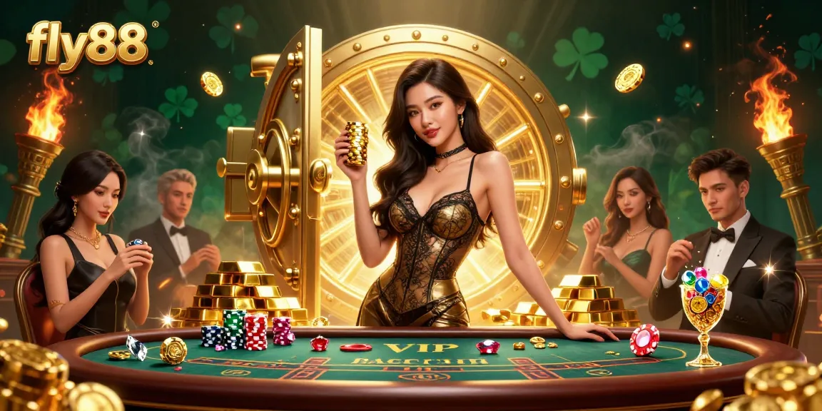 Engage with fly88 at a thrilling VIP baccarat table, adorned with golden chips, treasures, and glamour.