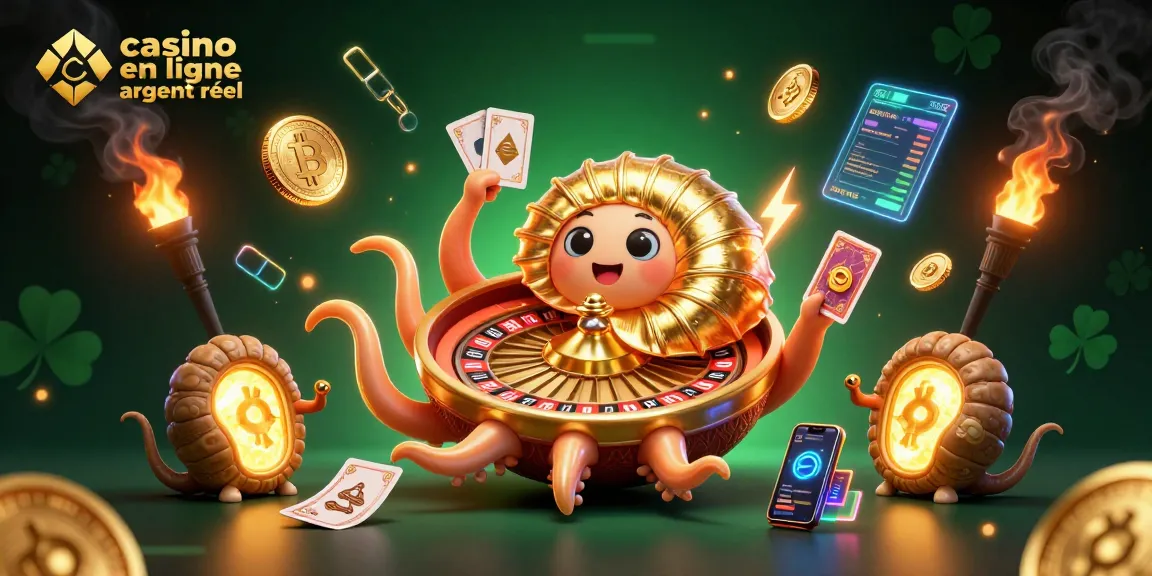 Jouer dans un casino en ligne argent réel avec une illustration colorée et dynamique de jeux de hasard.
