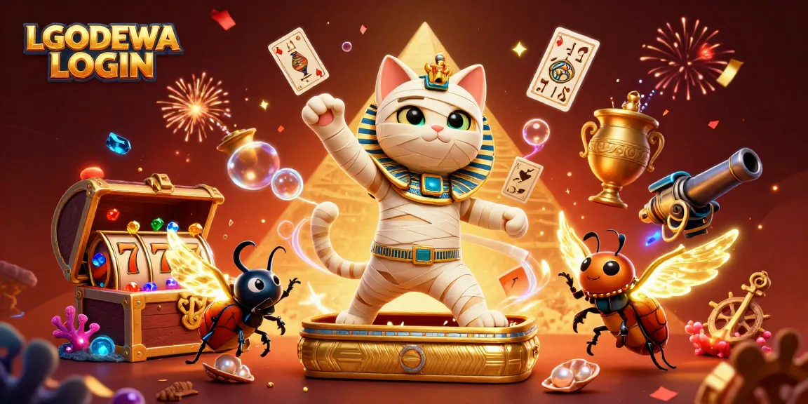 Play slots with LGODEWA LOGIN, featuring Egyptian characters and vibrant casino elements.