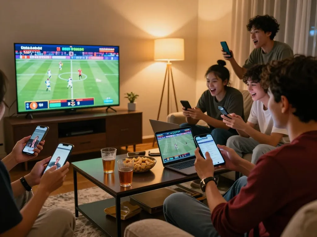 Bola Online enthusiasts engaged in responsible live sports betting in cozy home setting with friends.