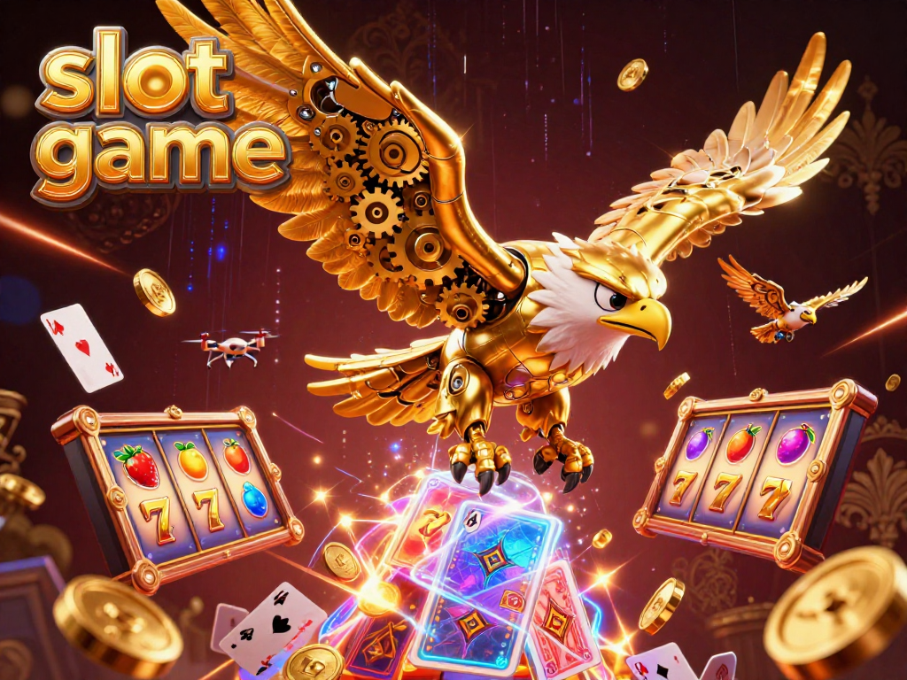 Experience an exhilarating slot game scene with a cybernetic golden eagle amid sparkling game elements.