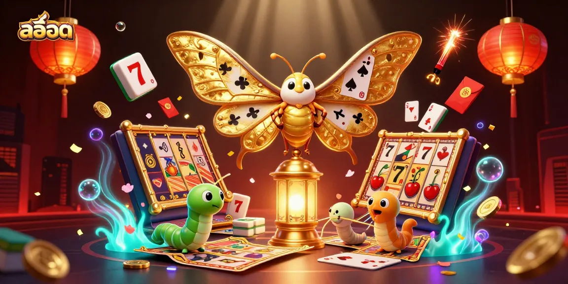 Engage with สล็อต in this vibrant 3D scene featuring an atlas moth and dynamic gaming elements.