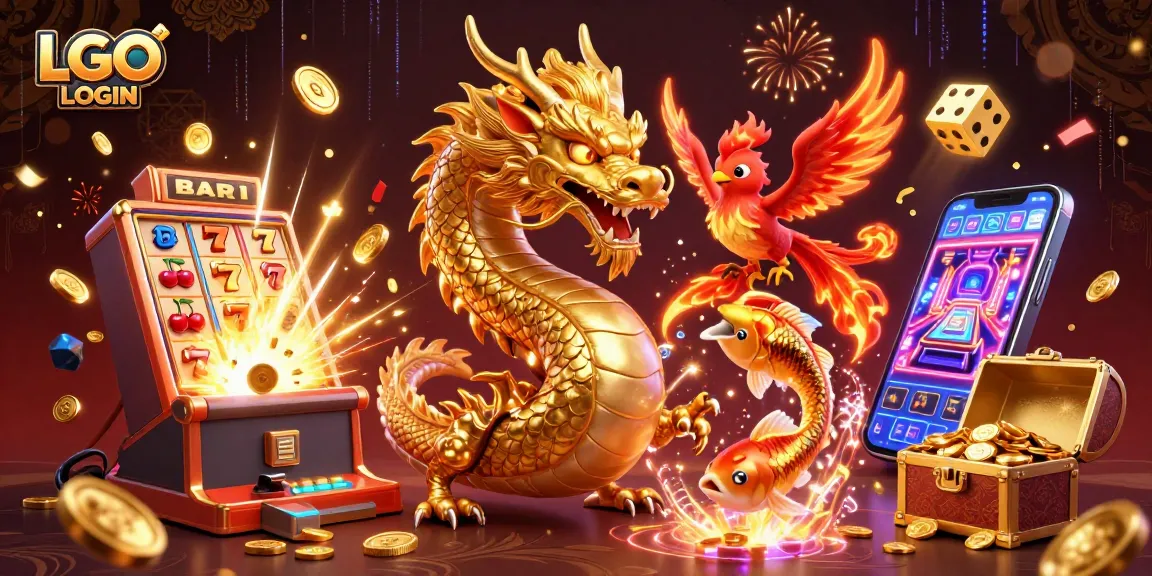Experience the thrill of LGO LOGIN with a vibrant online casino scene featuring a majestic dragon and lucky symbols.