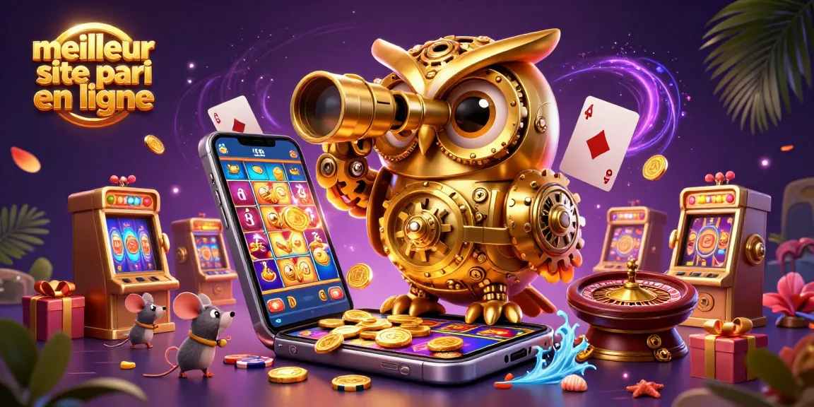 Visitez le meilleur site pari en ligne avec un hibou d'or scrutant les machines à sous.