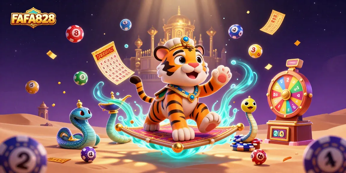 FAFA828 showcases a vibrant casino world with a tiger sultan and lottery elements, energizing players.