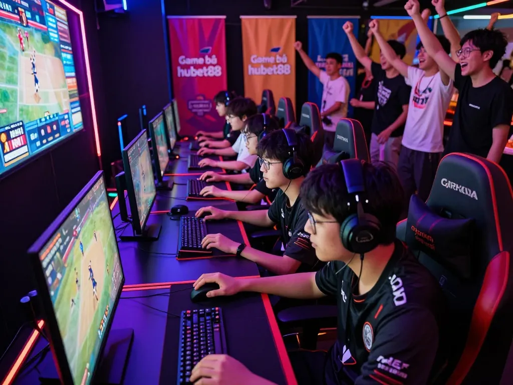 Exciting Game bài hubet88 esports scene with focused gamers in colorful digital arena.