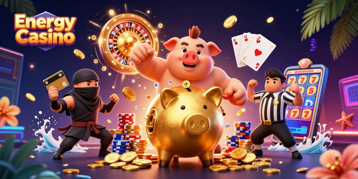 Energi Casino játékok szórakoztató jelenetét ábrázoló 3D illusztráció számos csillogó aranyérmével és színes zsetonnal.