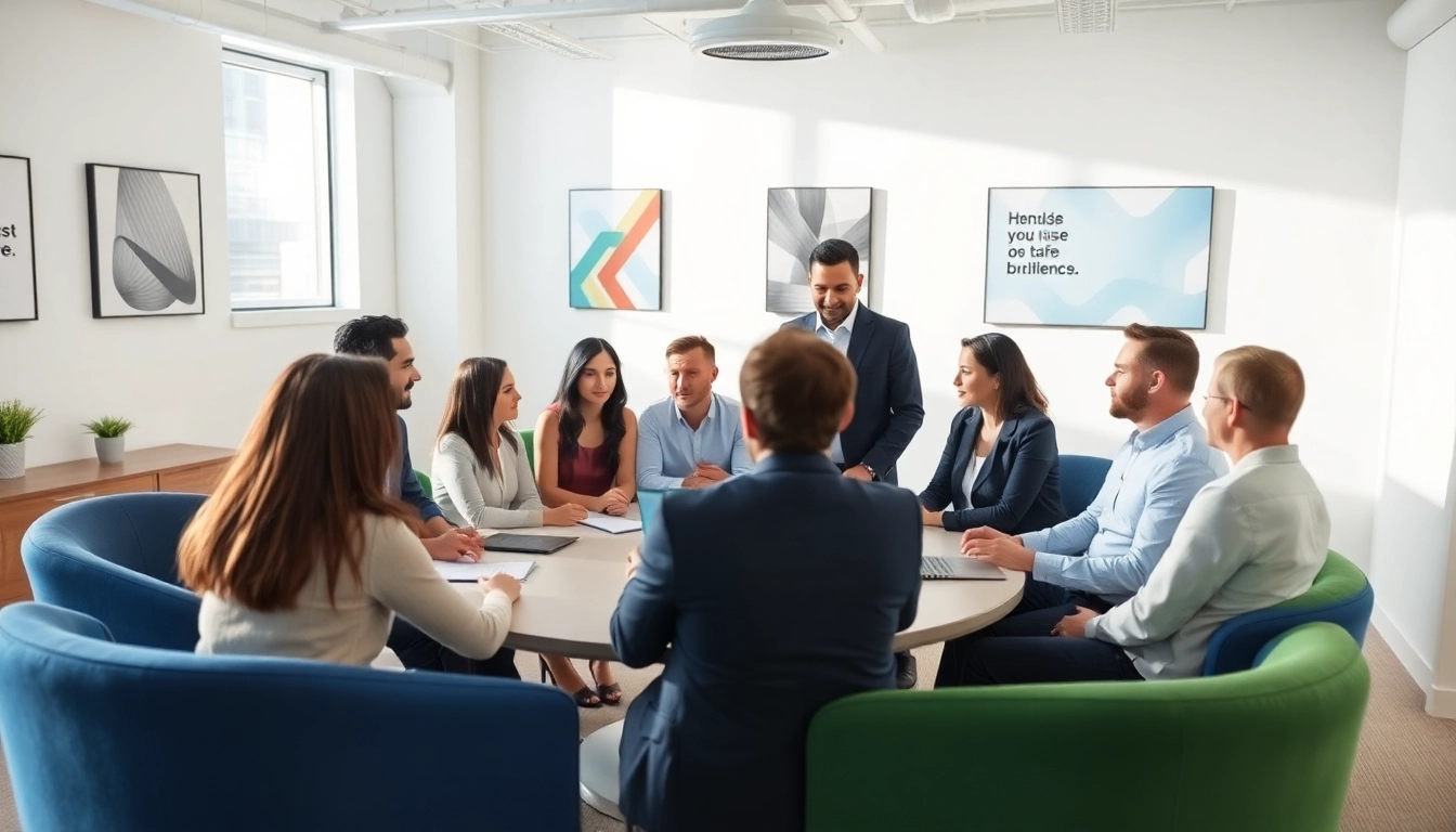 Mediation session in a modern office with diverse participants discussing solutions.