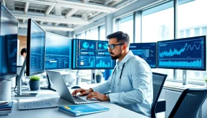 Engaging scene of technology application in data science within a modern office.