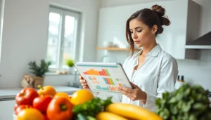 Explaining the benefits of intermittent fasting in a kitchen filled with fresh fruits and vegetables.
