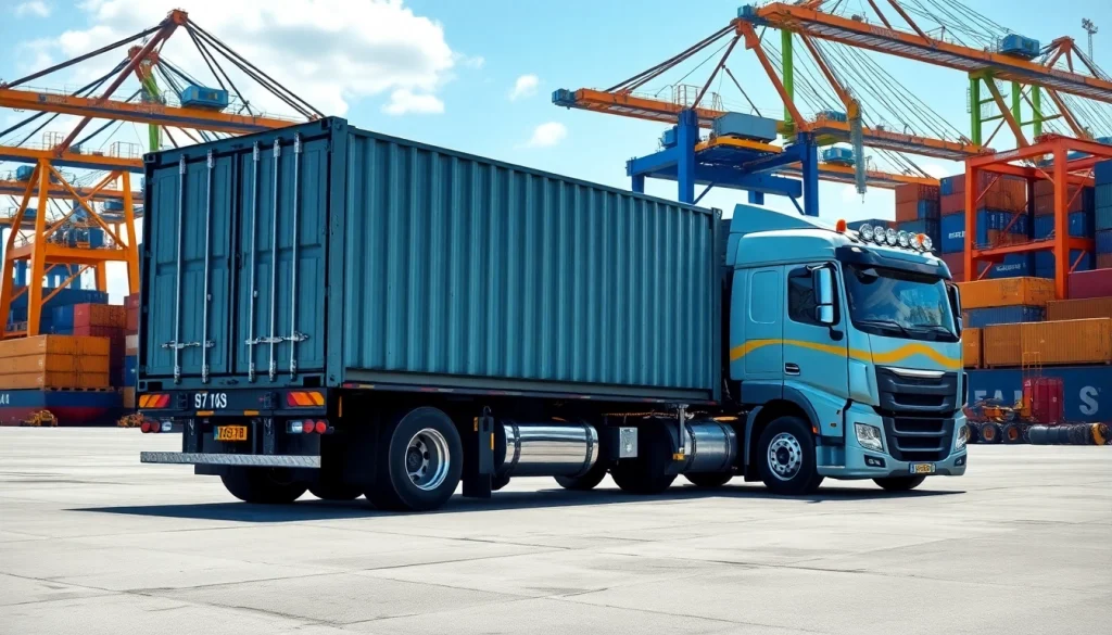 Drayage truck transporting a shipping container at a busy port, highlighting logistics operations.