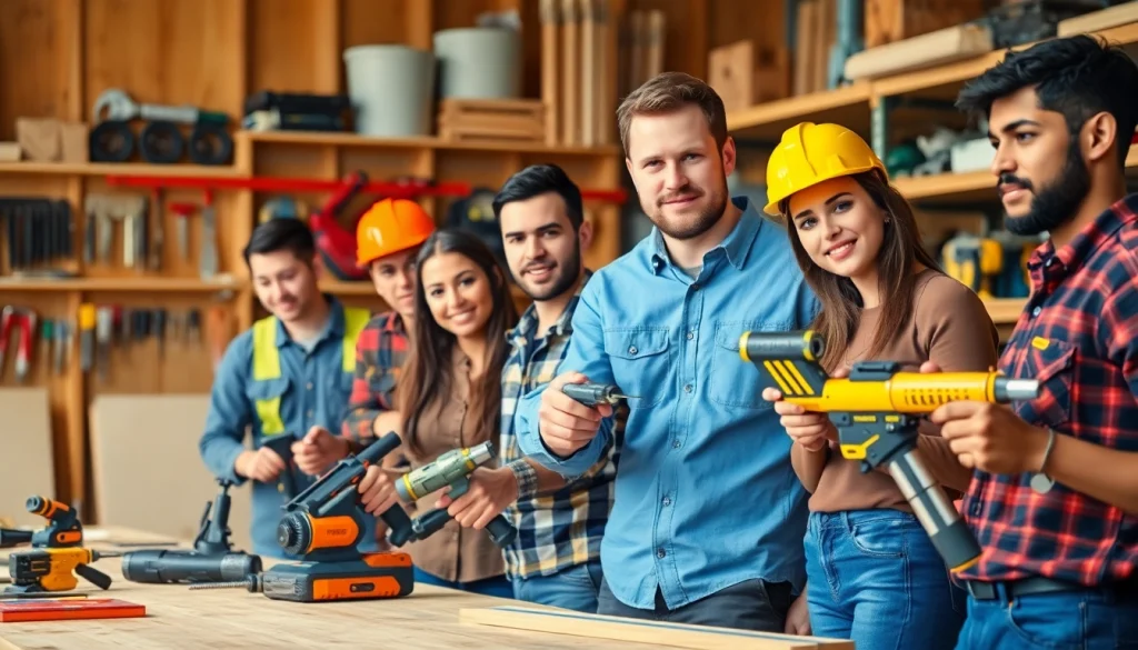 Students at construction trade schools in texas practicing skills with tools and equipment in a workshop.